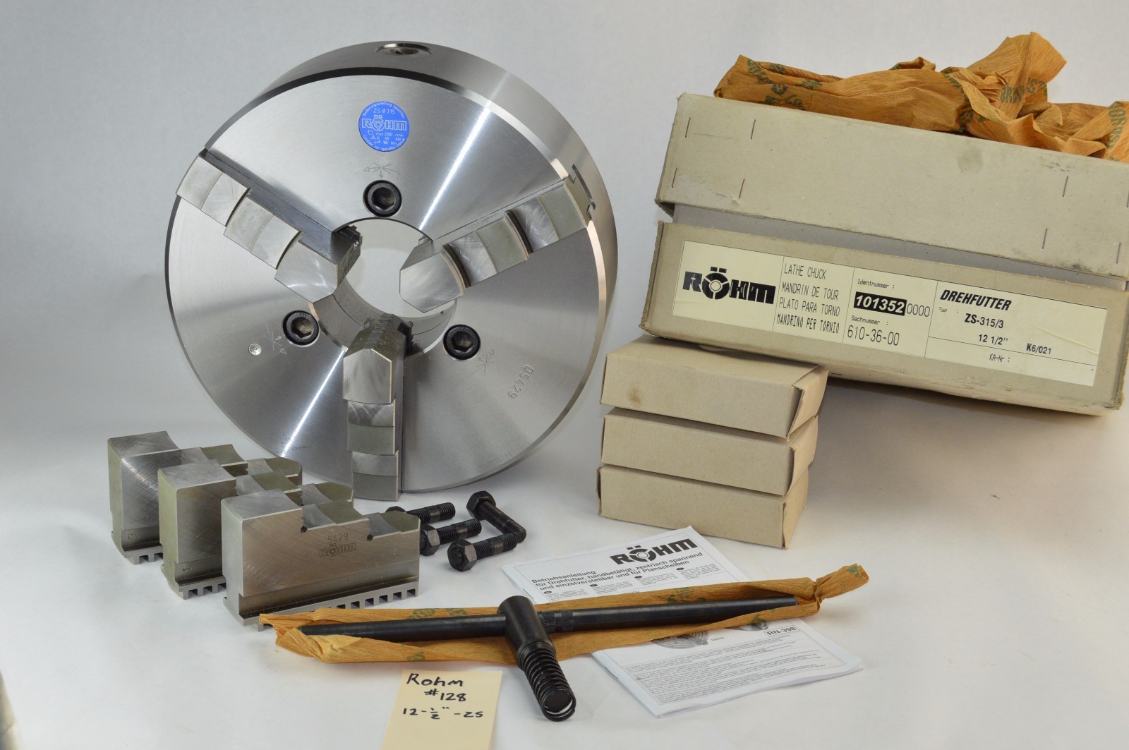 Rohm 3 Jaw ZS 315/3 12-1/2″ Centering Manual Lathe Chuck Steel, Set Spare Jaws