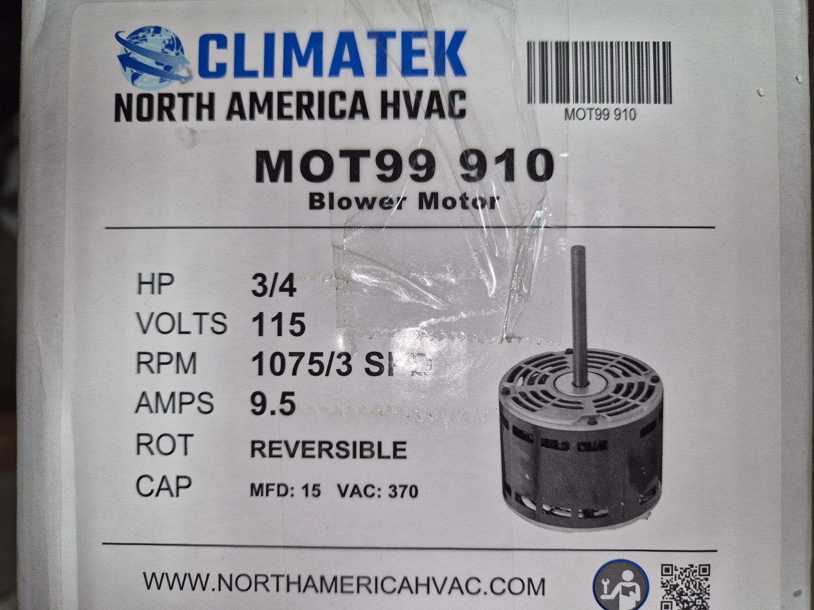 ClimaTek MOT99 910 Blower Motor K55HXARD-2535 3/4 HP 1075/3 Spd rpm