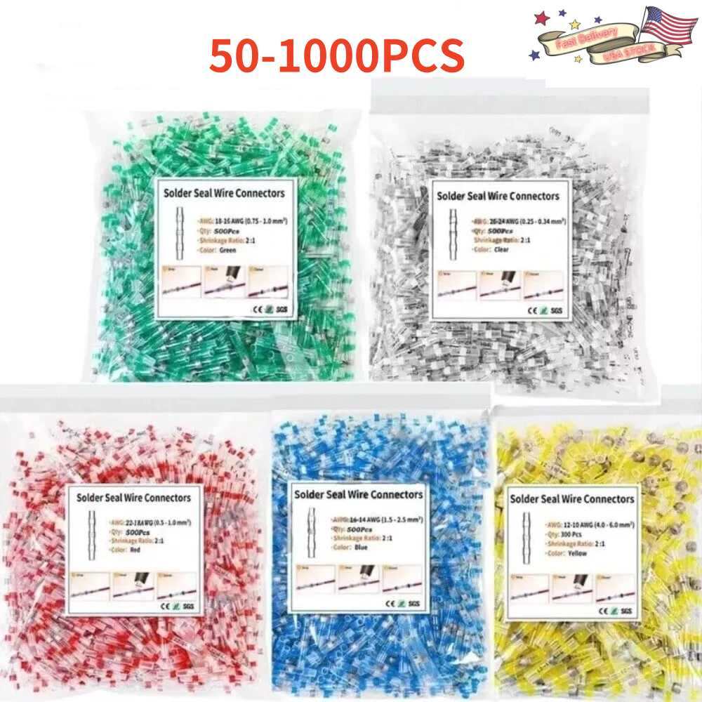 1000-50 Seal Solder Sleeve Heat Shrink Waterproof Butt Wire Connectors Terminals