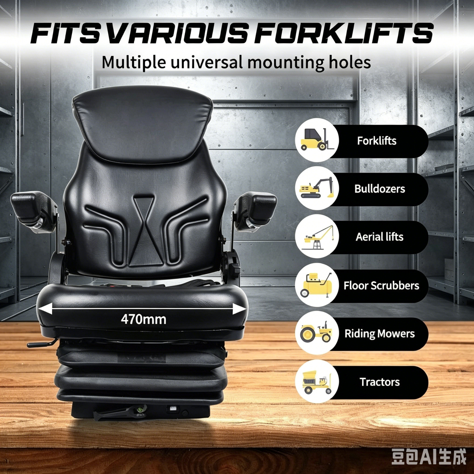 Tractor Forklift Seat Suspension Adjustable Backrest Armrest Safety Belt 2026