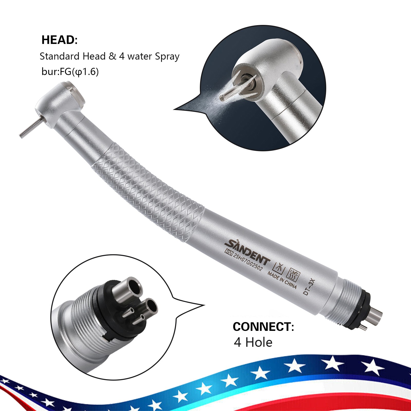 SANDENT Dental High Speed Handpiece Push Button 4 port spray 4 Hole Fit NSK