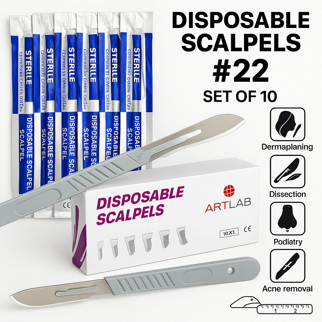 10 PK DISPOSABLE SCALPELS #22-SINGLE USE – DISSECTING, SURGICAL, DERMAPLANING