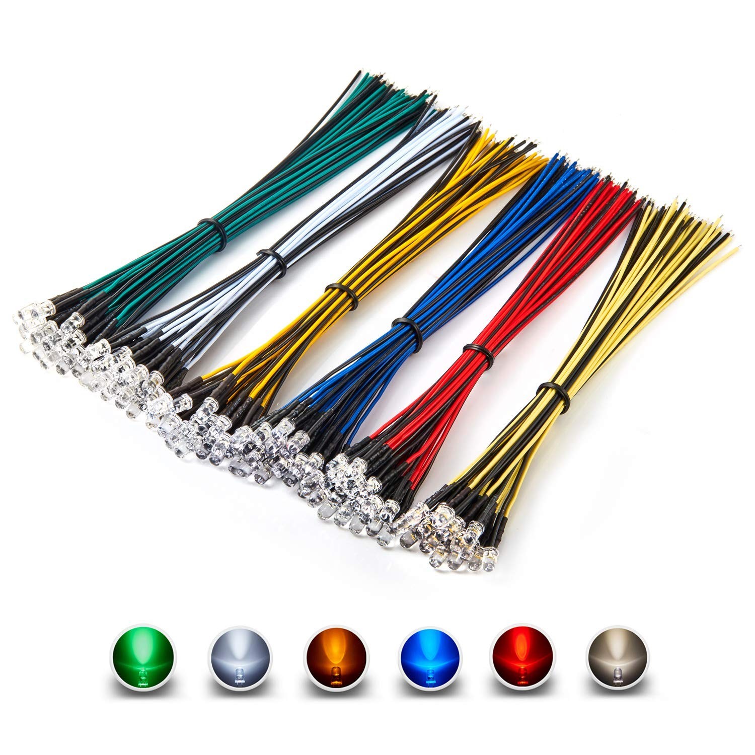 120pcs 12V 5mm LED Diodes Assorted Kit – 6 Colors, Pre-Wired, Round Lens