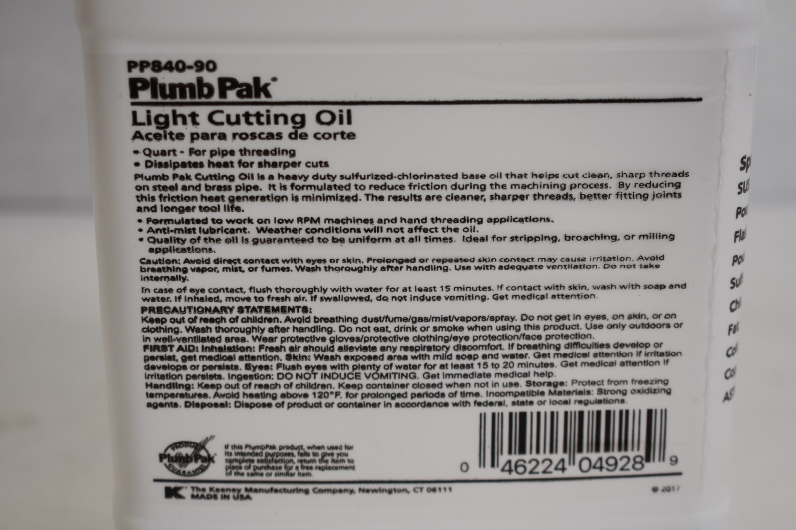 Plumb Pak PP840-90 Light CUtting Oil Sulfurized Chlorinated Base Threading 1qt