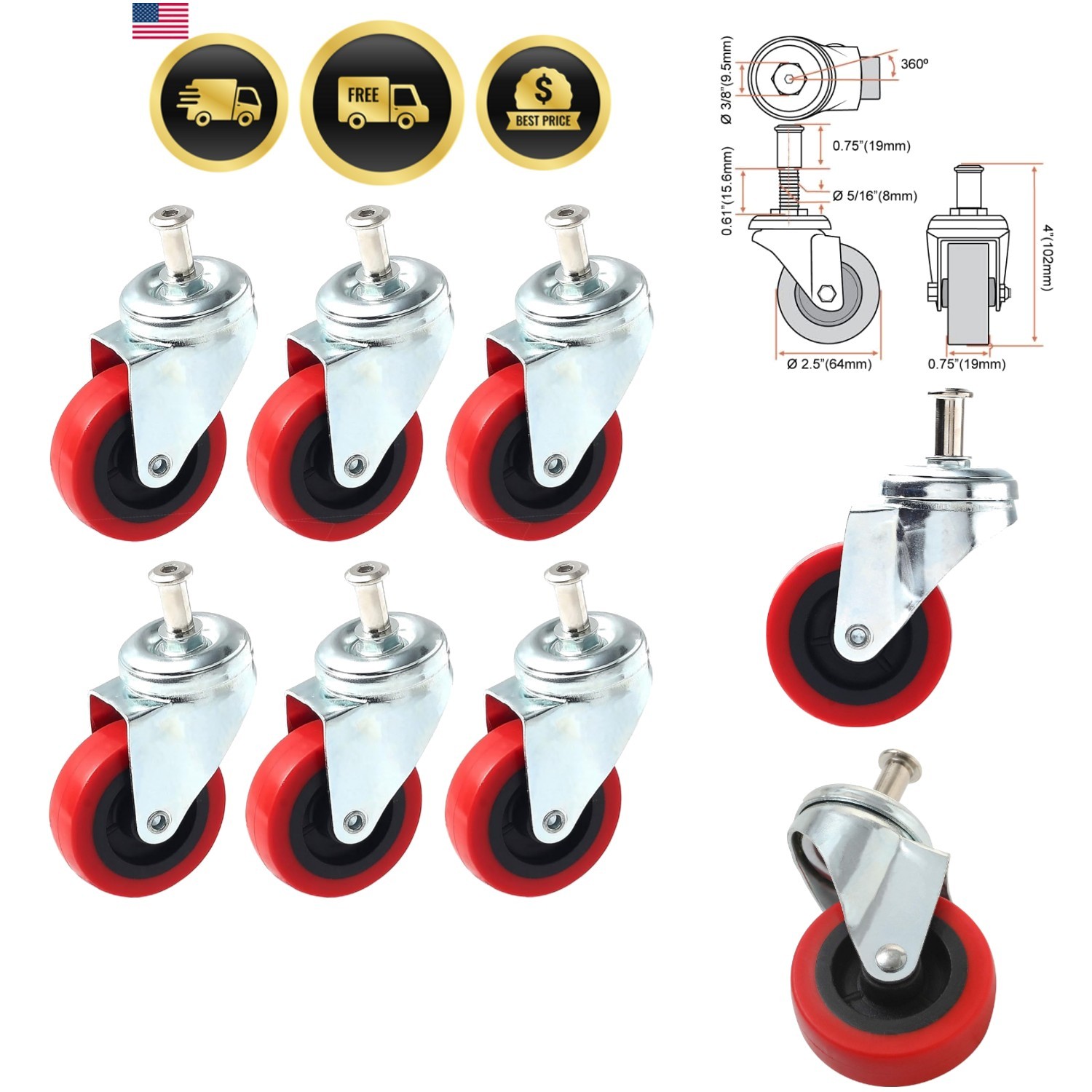 6 Pack Heavy-Duty 2.5″ Swivel Caster Wheel Creeper Service Cart Stool Post Mount