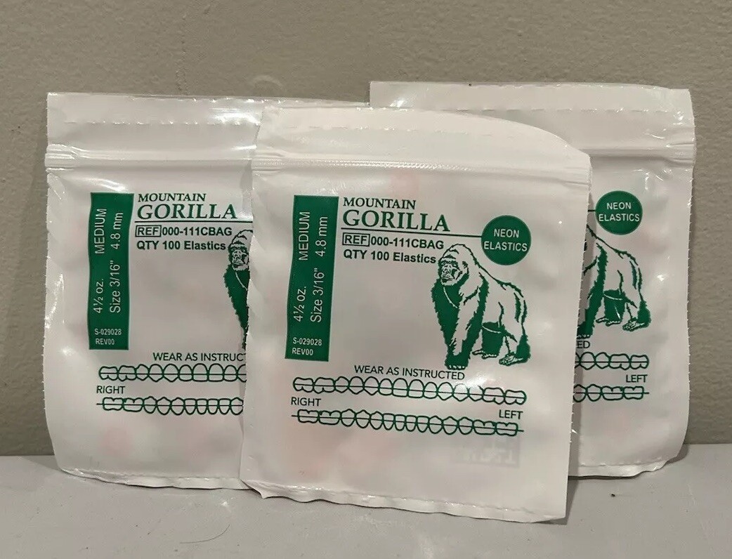 3 Neon Mountain Gorilla American Orthodontics Elastics Bags Dental Rubber Bands