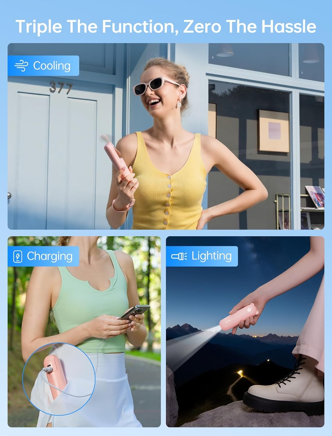 Built-in power bank and flashlight, long cooling runtime