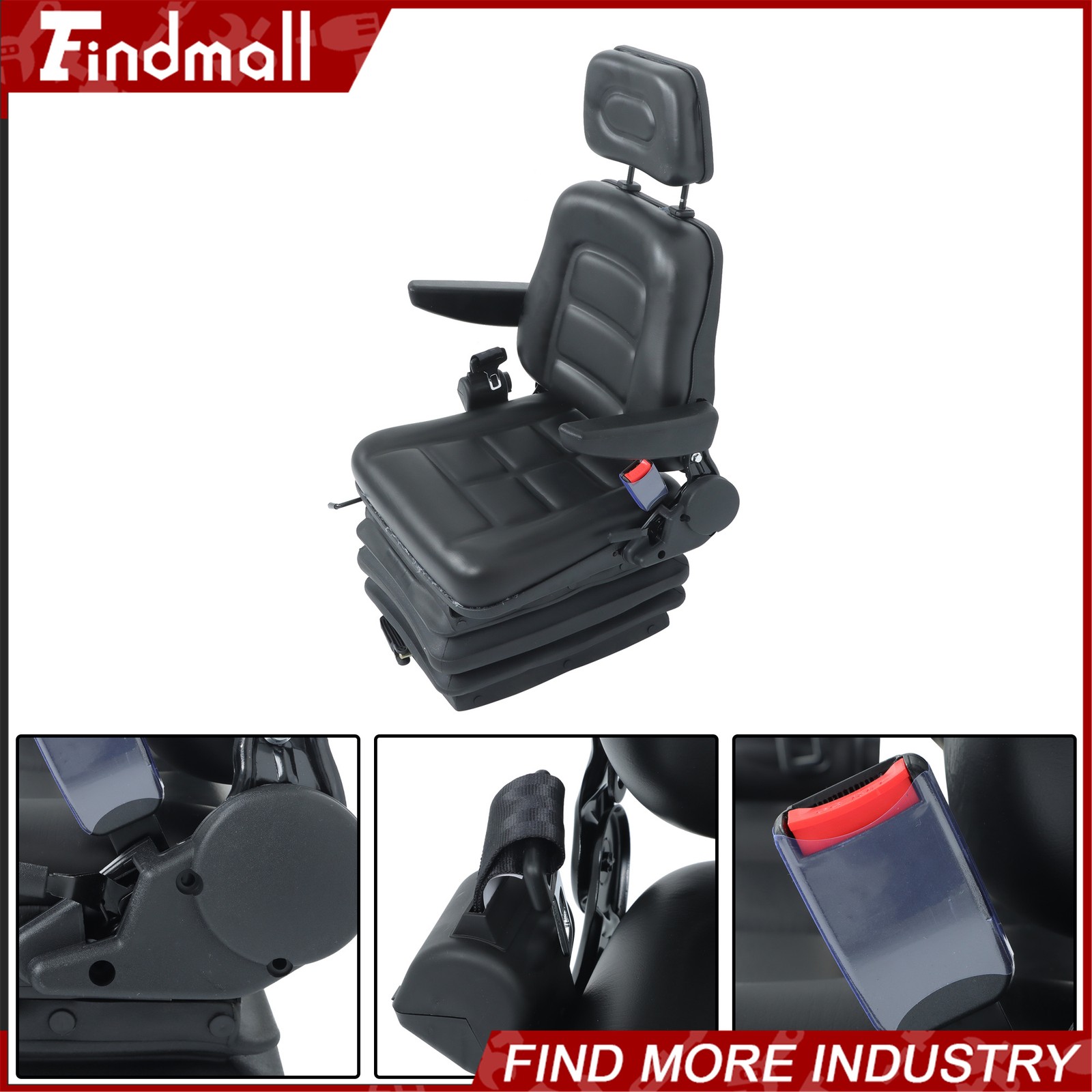 FindmallForklift Tractor Seat Suspension Adjustable Backrest Armrest Safety Belt