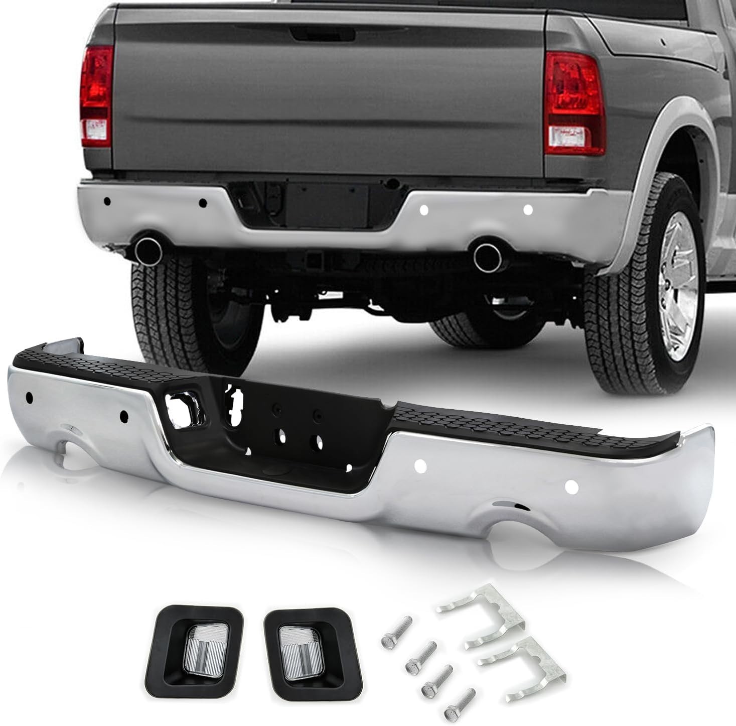 Rear Bumper Ram 1500 2009-2023 Classic Chrome Steel Sensor Dual Exhaust