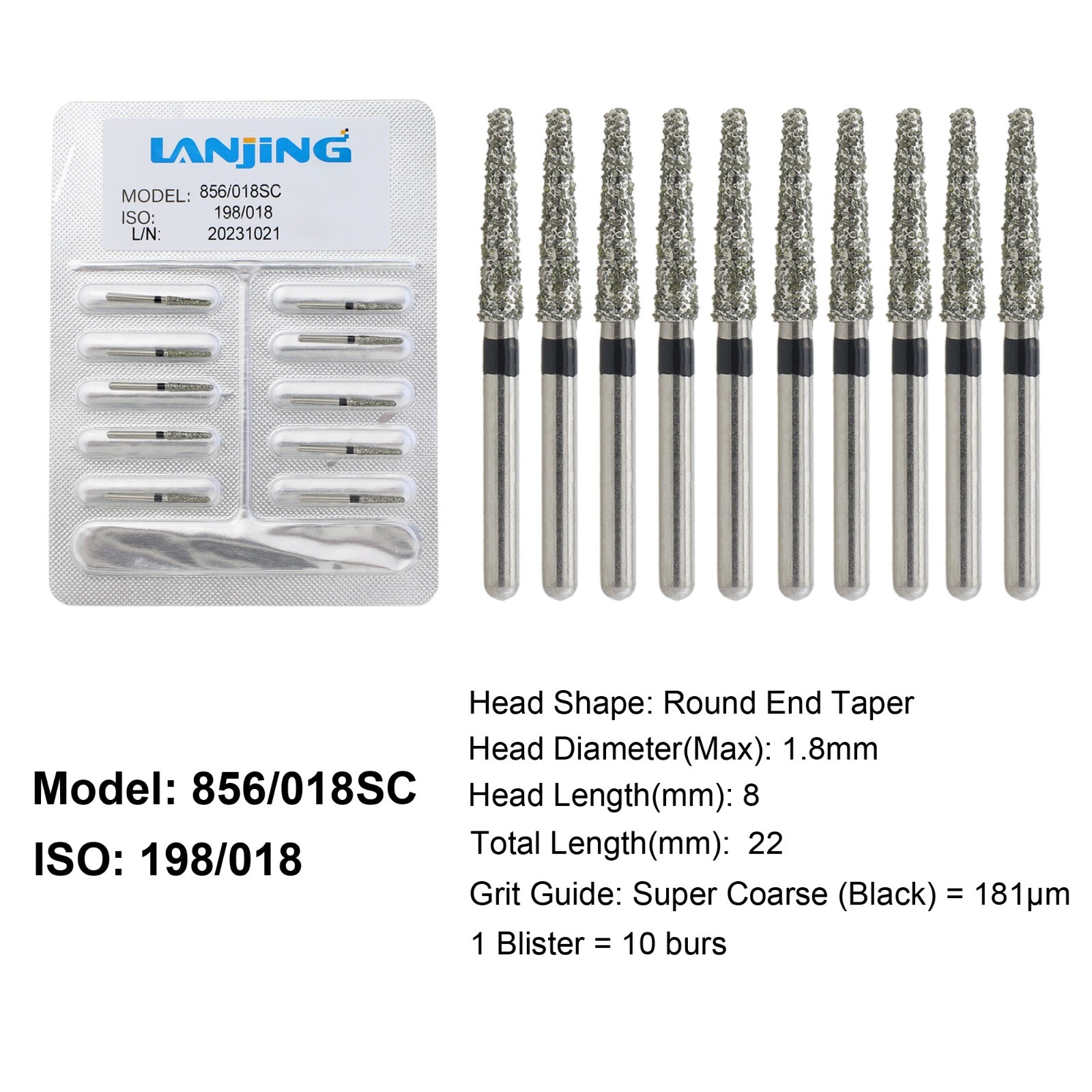 Dental Diamond Burs Round End Taper Diamond Bur Coarse 856/018SC FG High Speed