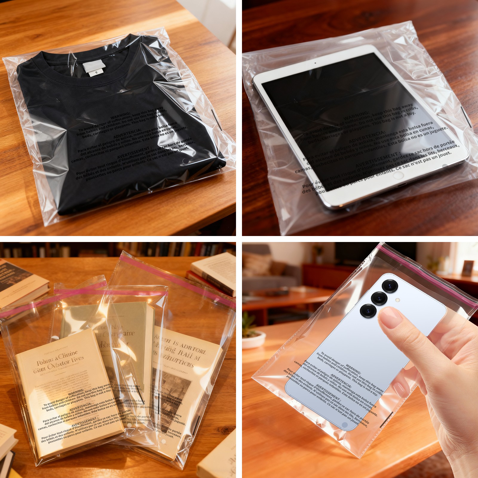 100-1000x Suffocation Warning Clear Poly Bags Self Adhesive for Shirt Clothes