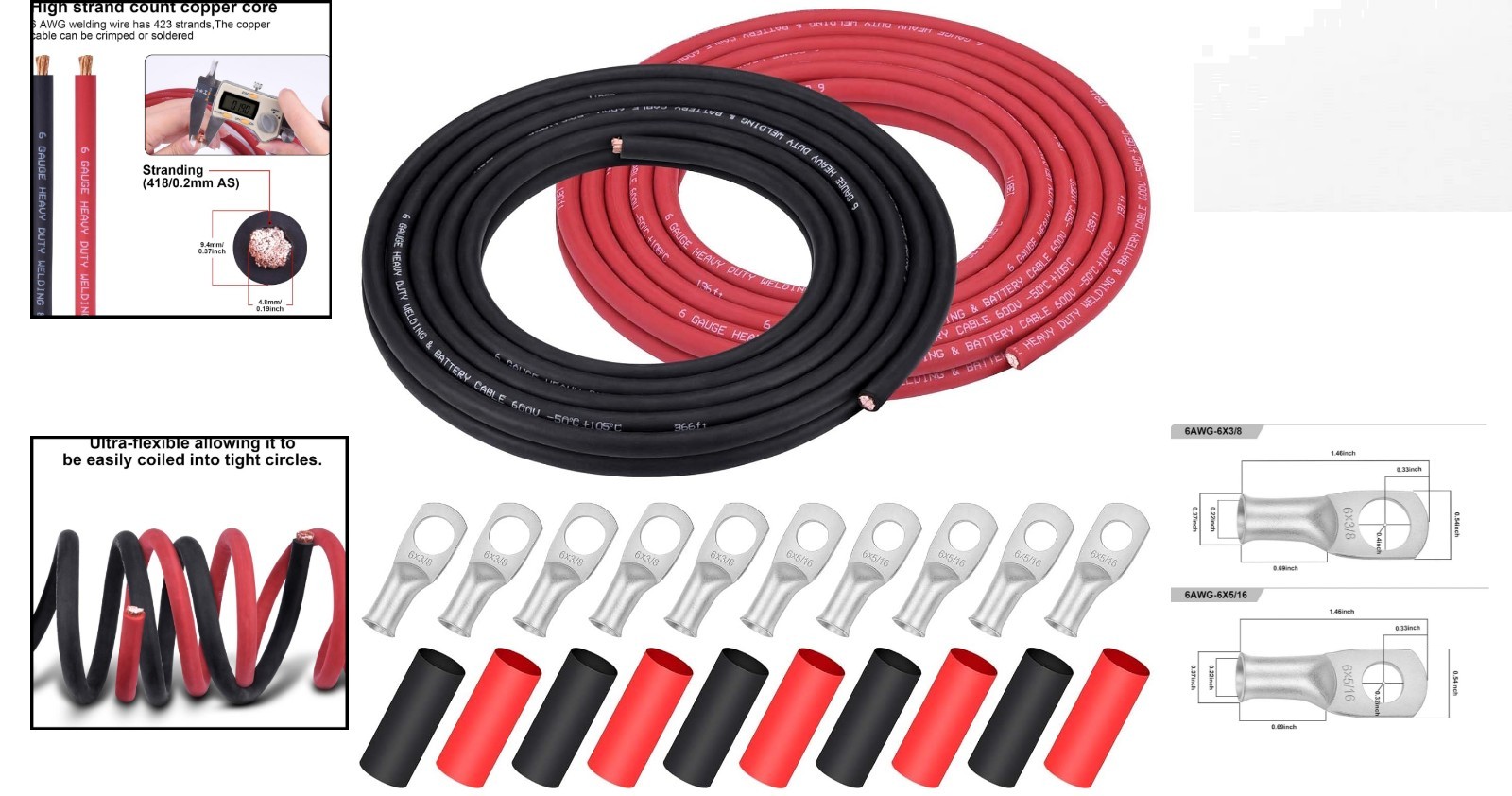 Ultra-Flexible Copper Welding Battery Wire 6 AWG – 20 ft Black & Red Duo Pack