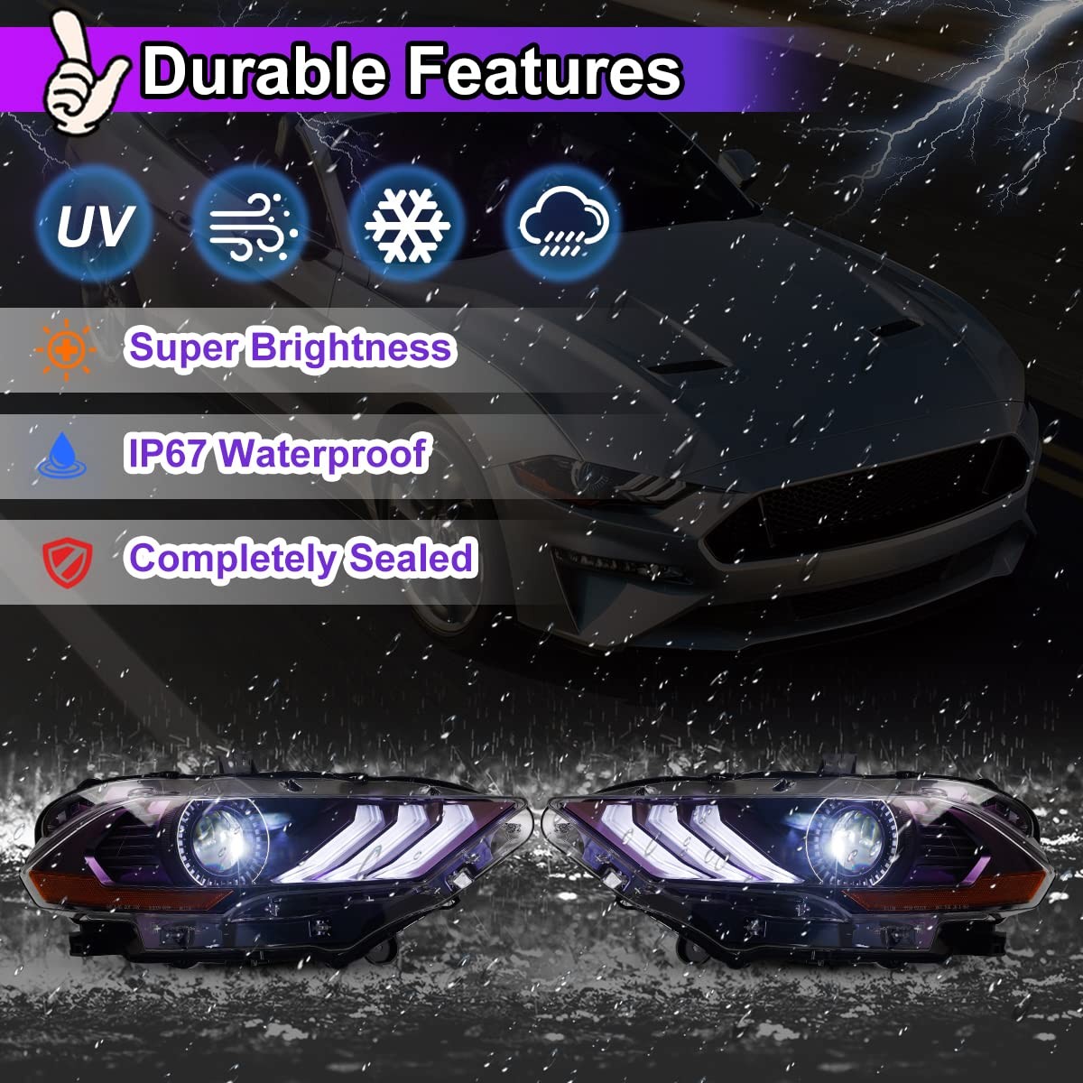 Ford Mustang 2018-2023 LED Projector Headlamps DRL Turn Signal Hi/Lo Blue-Purple