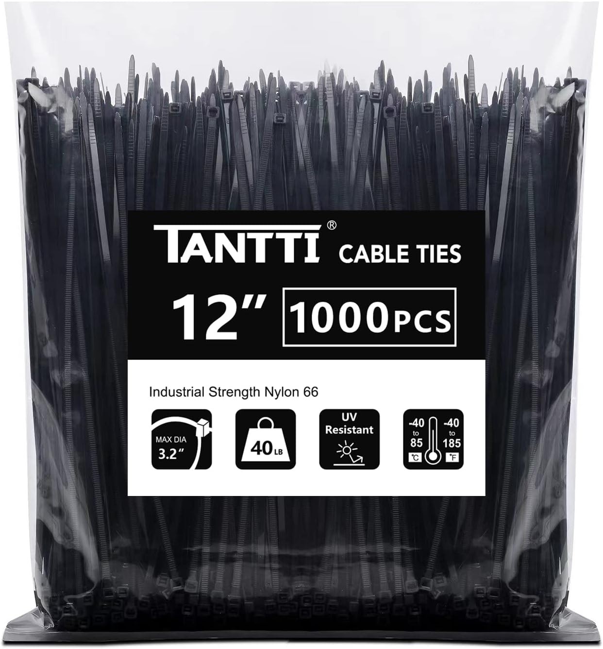 Reusable 12 Inch Zip Ties, 1000 Count, Weatherproof for Indoor and Outdoor Use