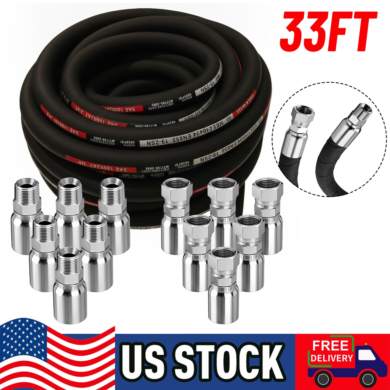 33FT 3/4″ Hydraulic Hose + 12 Straight Fittings 3/4″ JIC Female & 3/4 NPTF Male