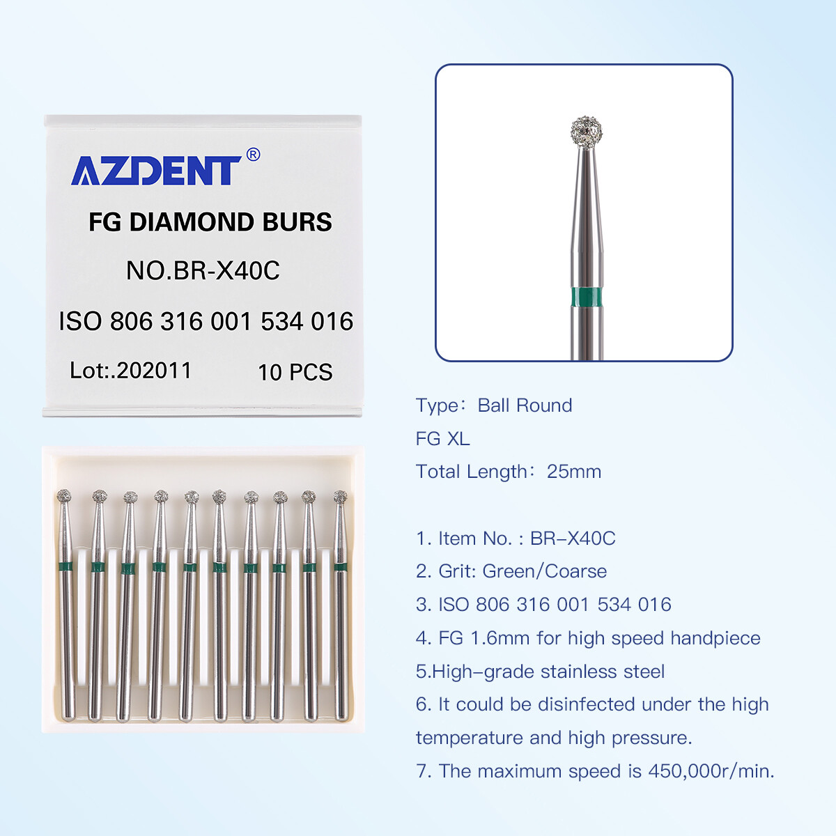10Pcs AZDENT Dental Diamond Burs Ball Round For High Speed Handpiece FG 1.6mm