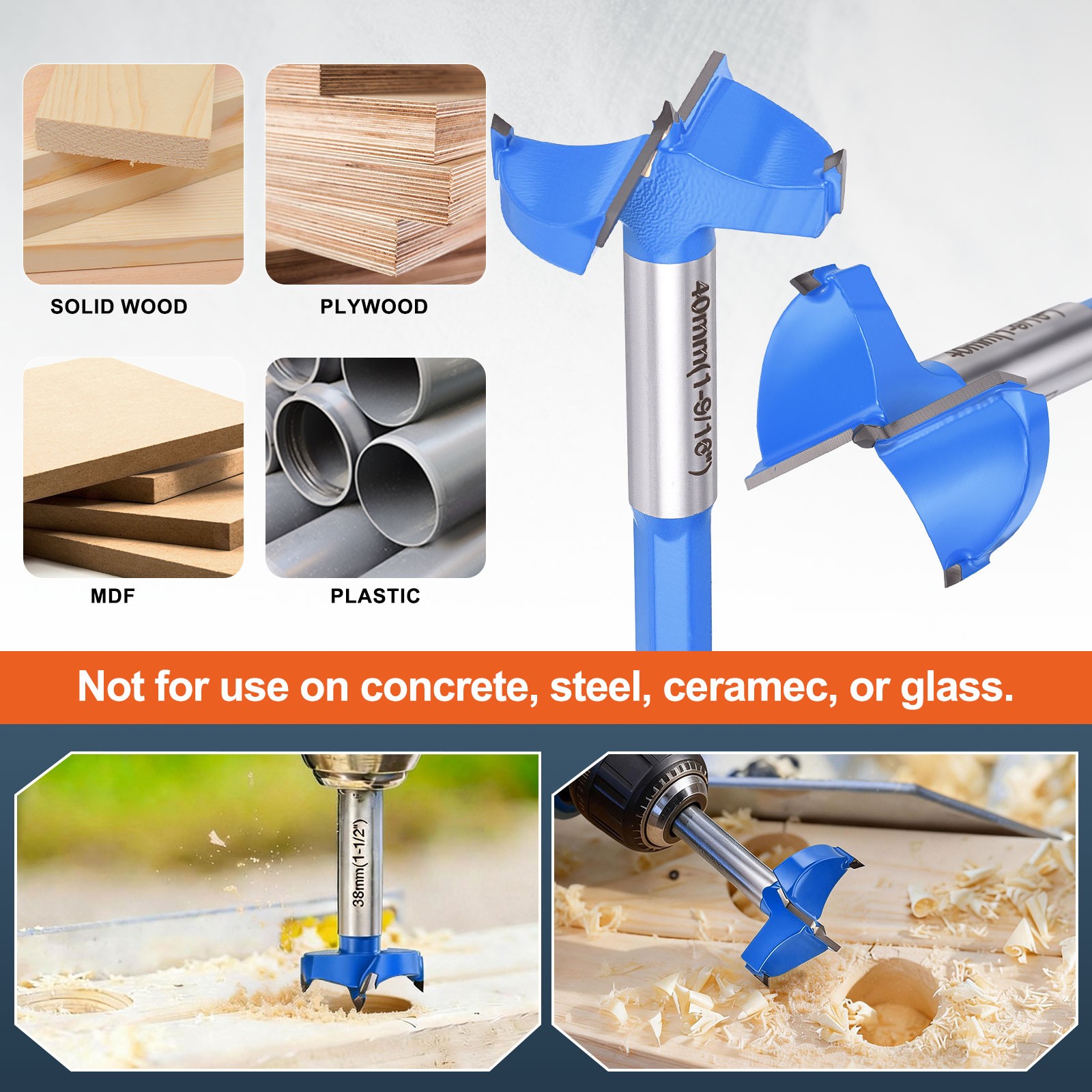1-9/16″(40mm) Forstner Bit, 1Pack 2 Flutes Cemented Carbide Hex Shank, Blue