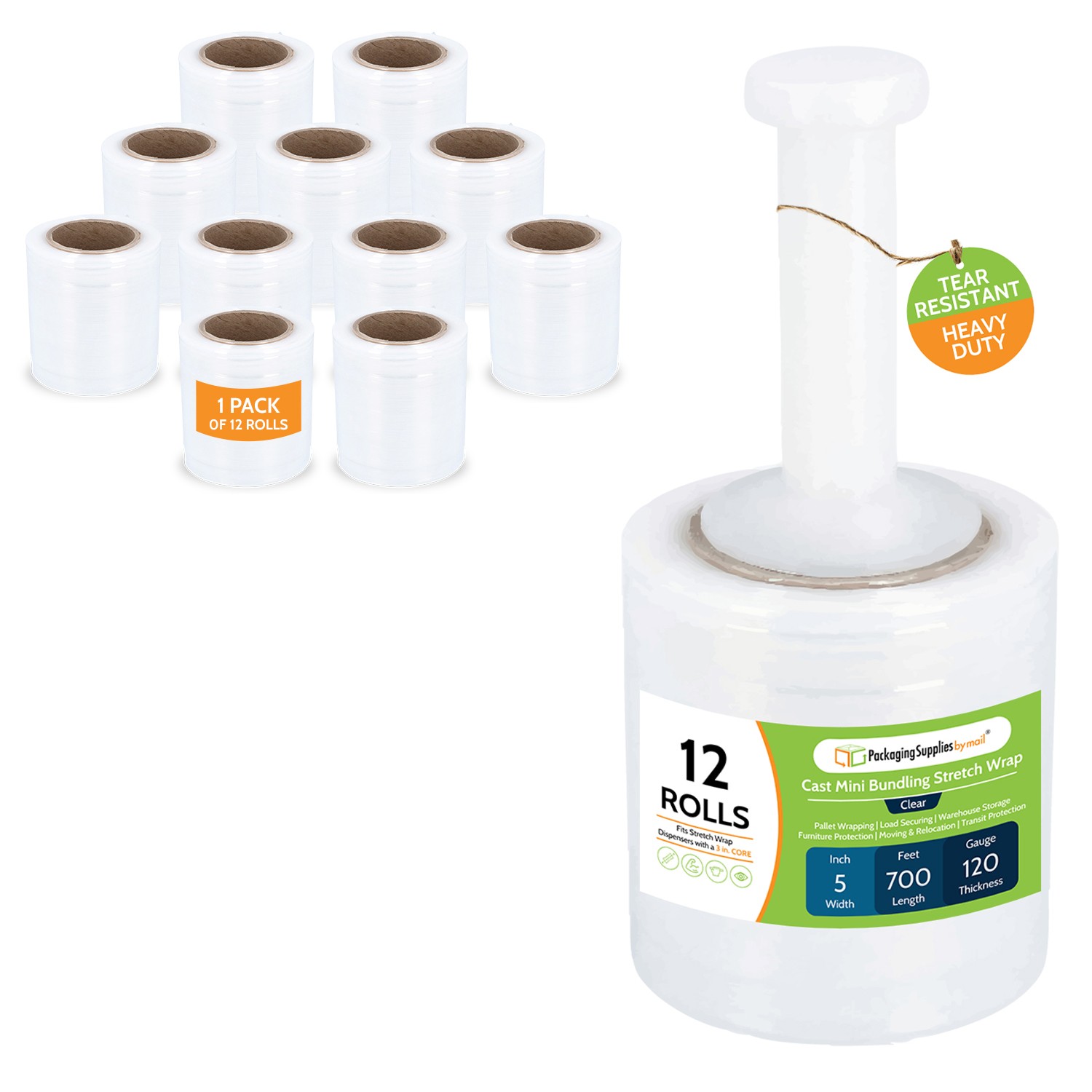 12 Rolls 5″ x 700 ft Clear Hand Wrap Stretch Shrink Film With Handle 120 Ga