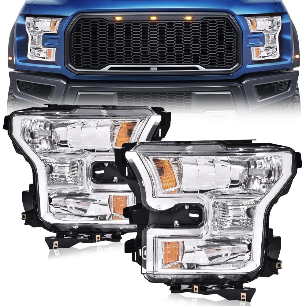 Ford F150 2015-2017 Headlights Left Right Clear Lens Chrome Amber Reflector
