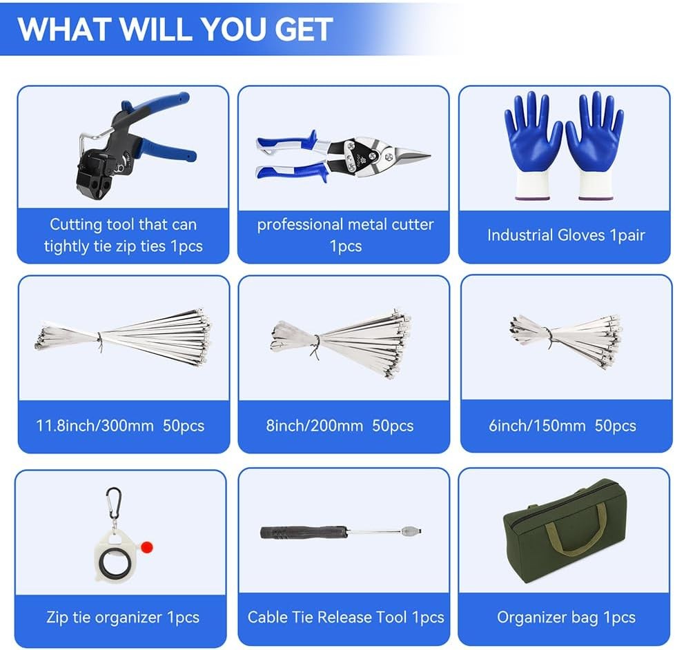 Metal Zip Ties Cutter Stainless Steel Cable Tie Gun Kit Assortment With 150pcs