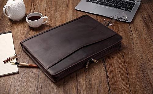 Leather Business Portfolio Padfolio with Zipper for 13″ Laptop & Notepad – Dark