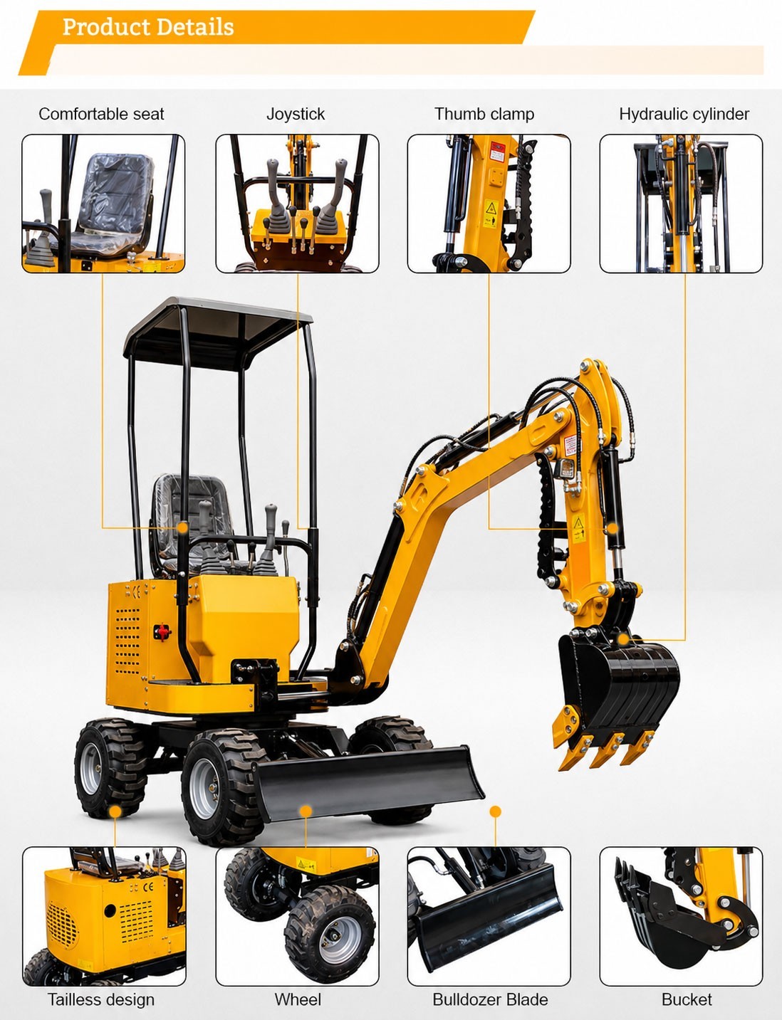 1 Ton Mini Wheel Excavator Mechanical Thumb RATO Engine Compact Digger US Stock