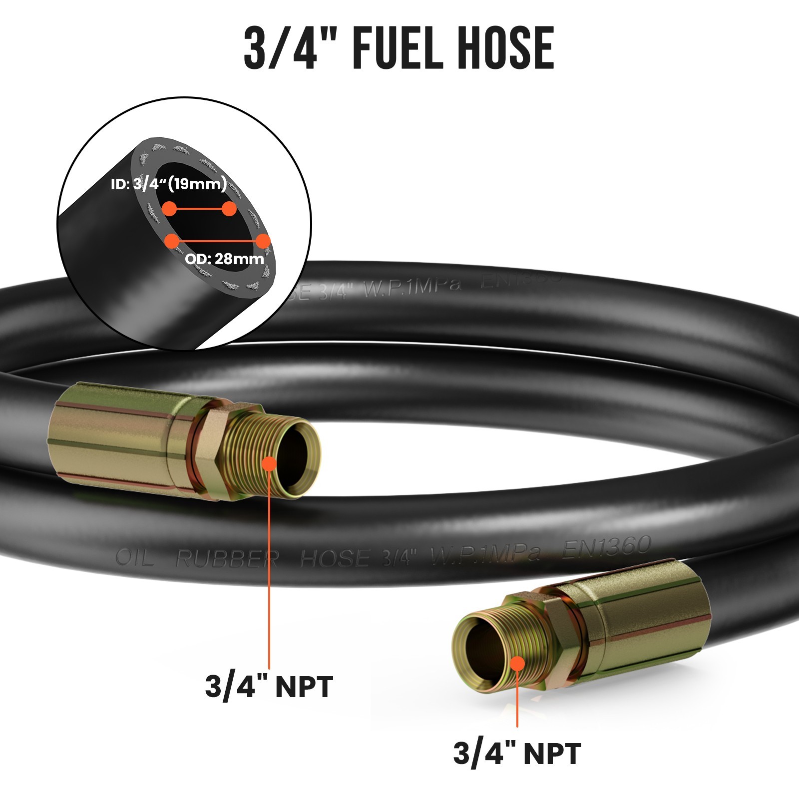 3/4″ x 20ft Diesel Fuel Hosewith Carbon Steel Male NPT Fittings Farm Fuel Hose