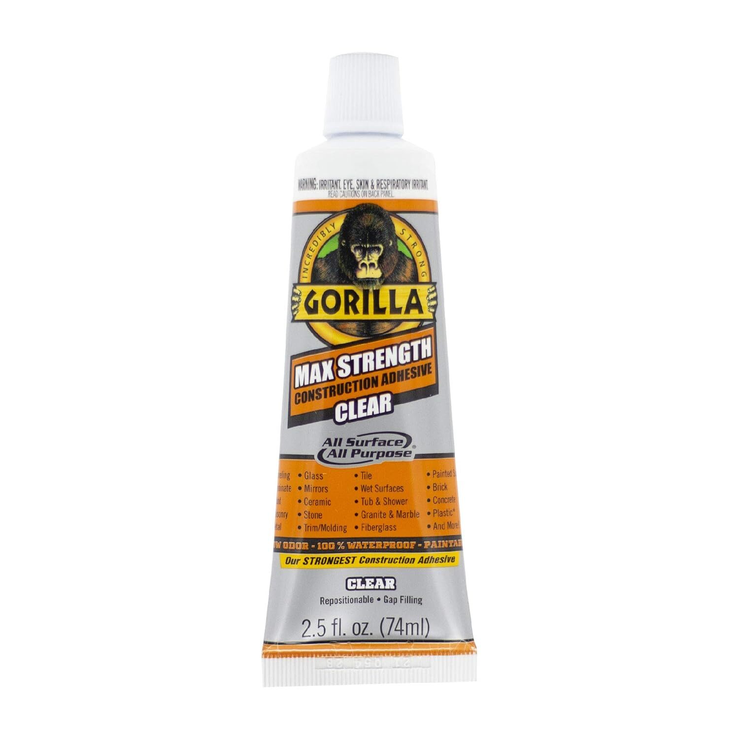 Gorilla Max Strength Construction Adhesive, Clear Glue, 2.5 Ounce Squeeze Tube