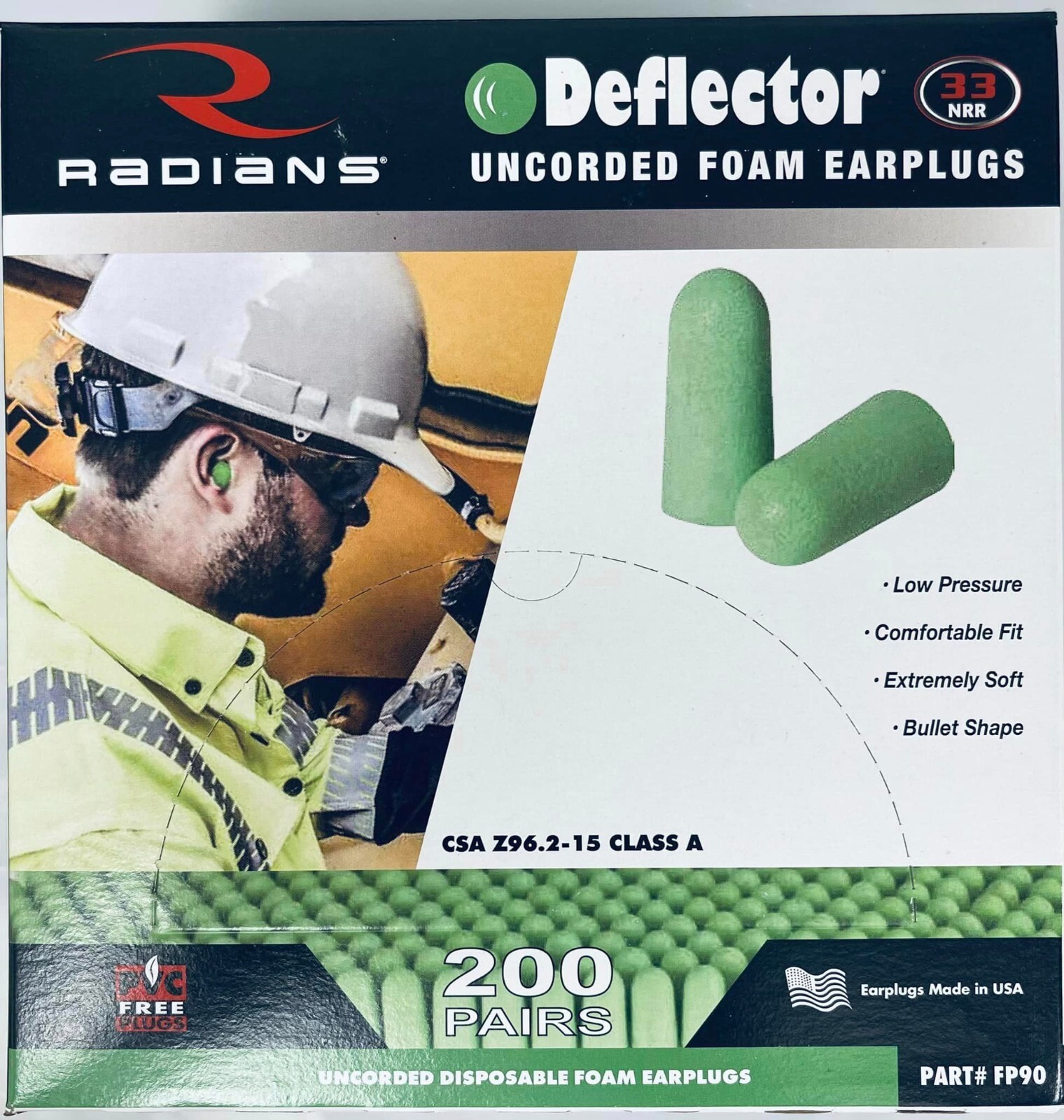 Radians FP90 Deflector Green Earplugs Uncorded NRR33 Select Quantity Pairs