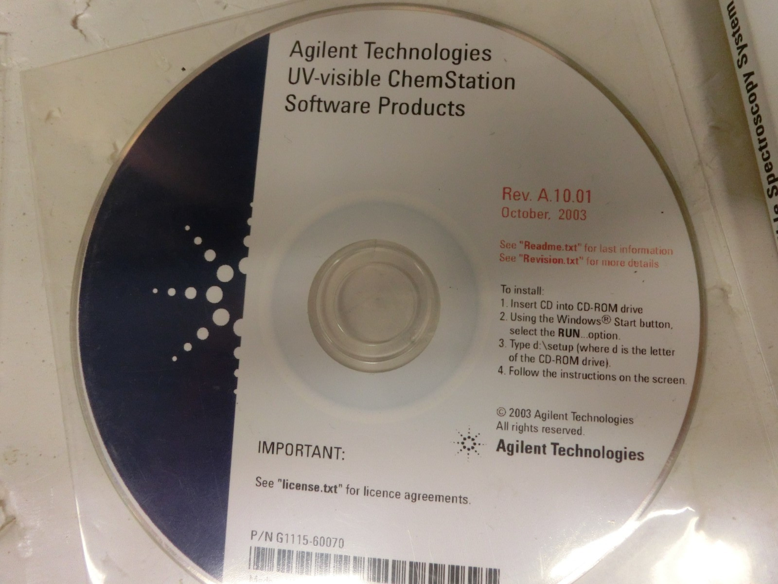 Agilent HP 8452a 8453 G1103A ChemStation Software Registration CD A09.01 A10.01