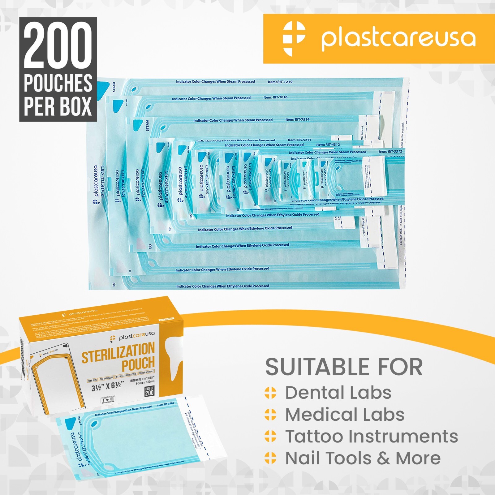 200 Self-Sealing Sterilization Pouch, 3.5″ x 6.5″ (5.25) Paper/Blue Film (1 Box)