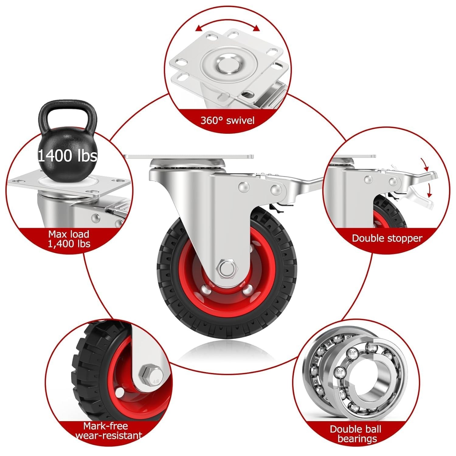 5 Inch Caster Wheels Heavy Duty with Dual-Lock Safety Brake and Rubber Tire W…