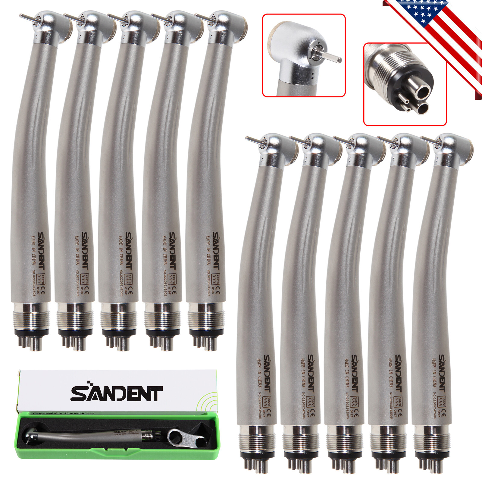 1-10 Packs SANDENT Dental High Speed Handpiece Standard Push Button 4 Holes