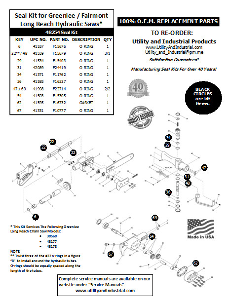 Seal Kit – Greenlee / Fairmont Long Reach Hydraulic Chain Saw Seal Kit # 48254