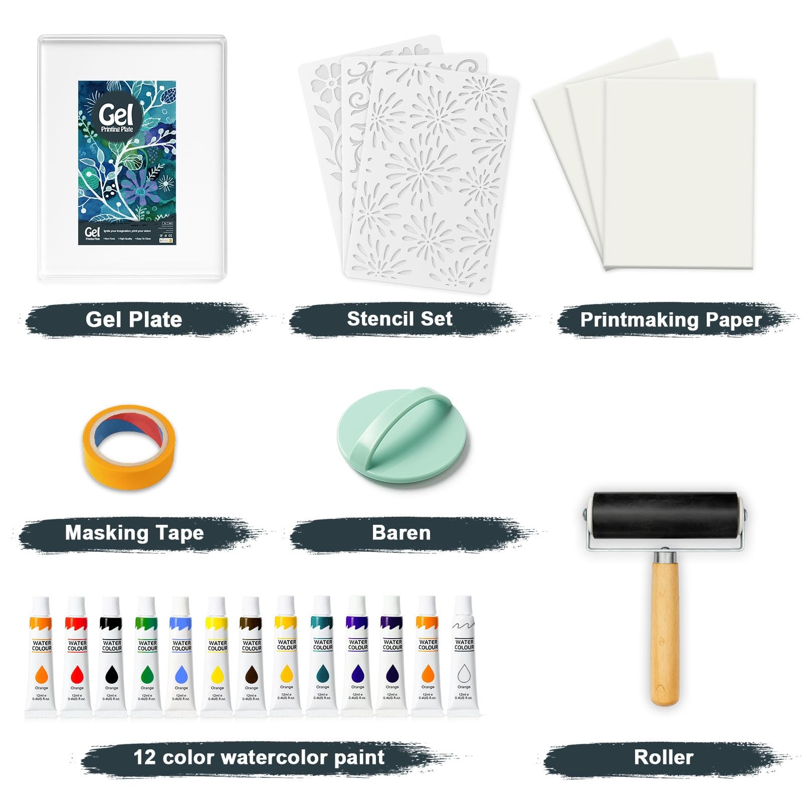 5×7 Inch Gel Plate Printing Kit Rubber Roller Watercolor Stencils Paper
