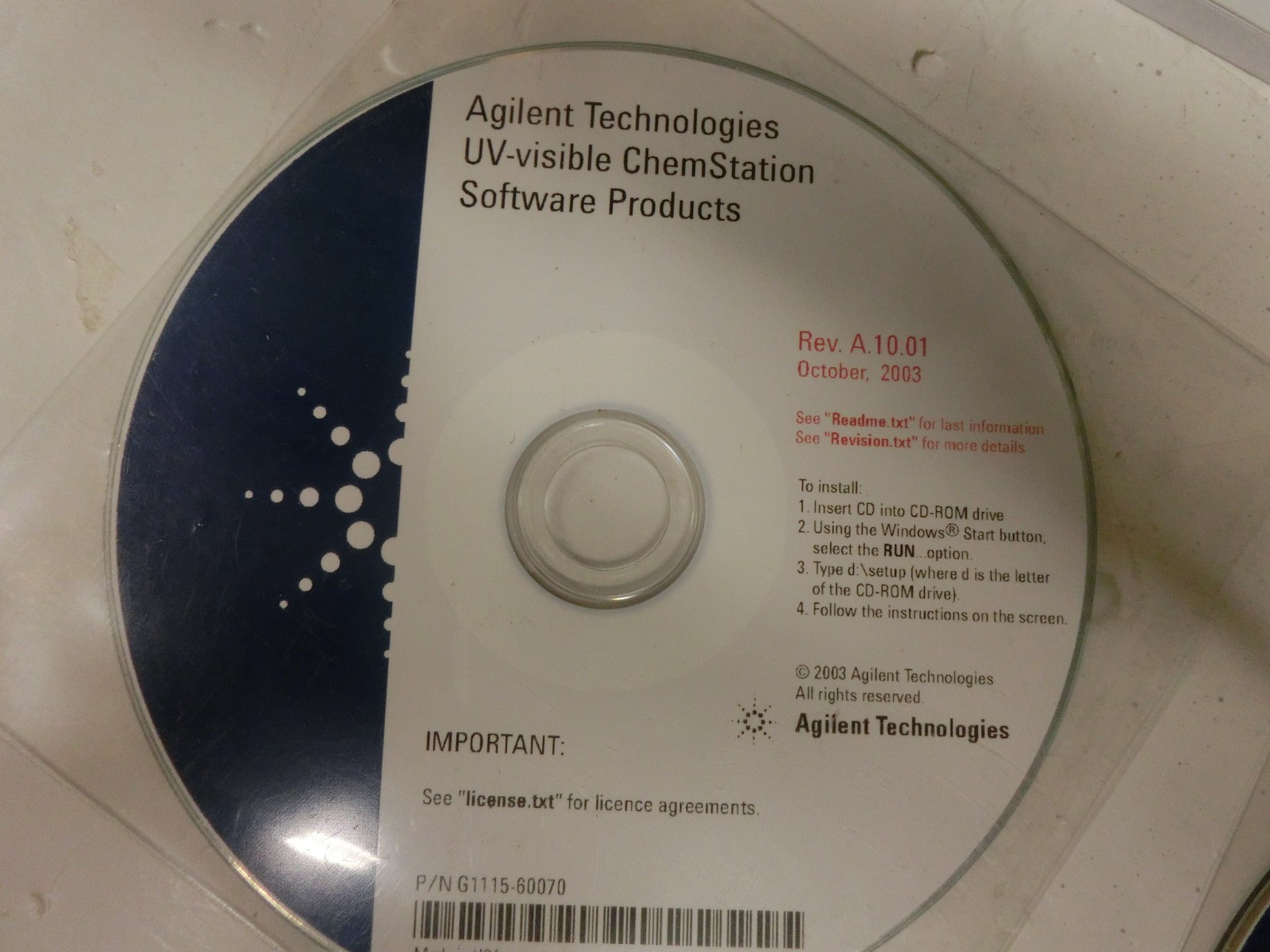 Agilent HP 8452a 8453 G1103A ChemStation Software Registration CD A09.01 A10.01