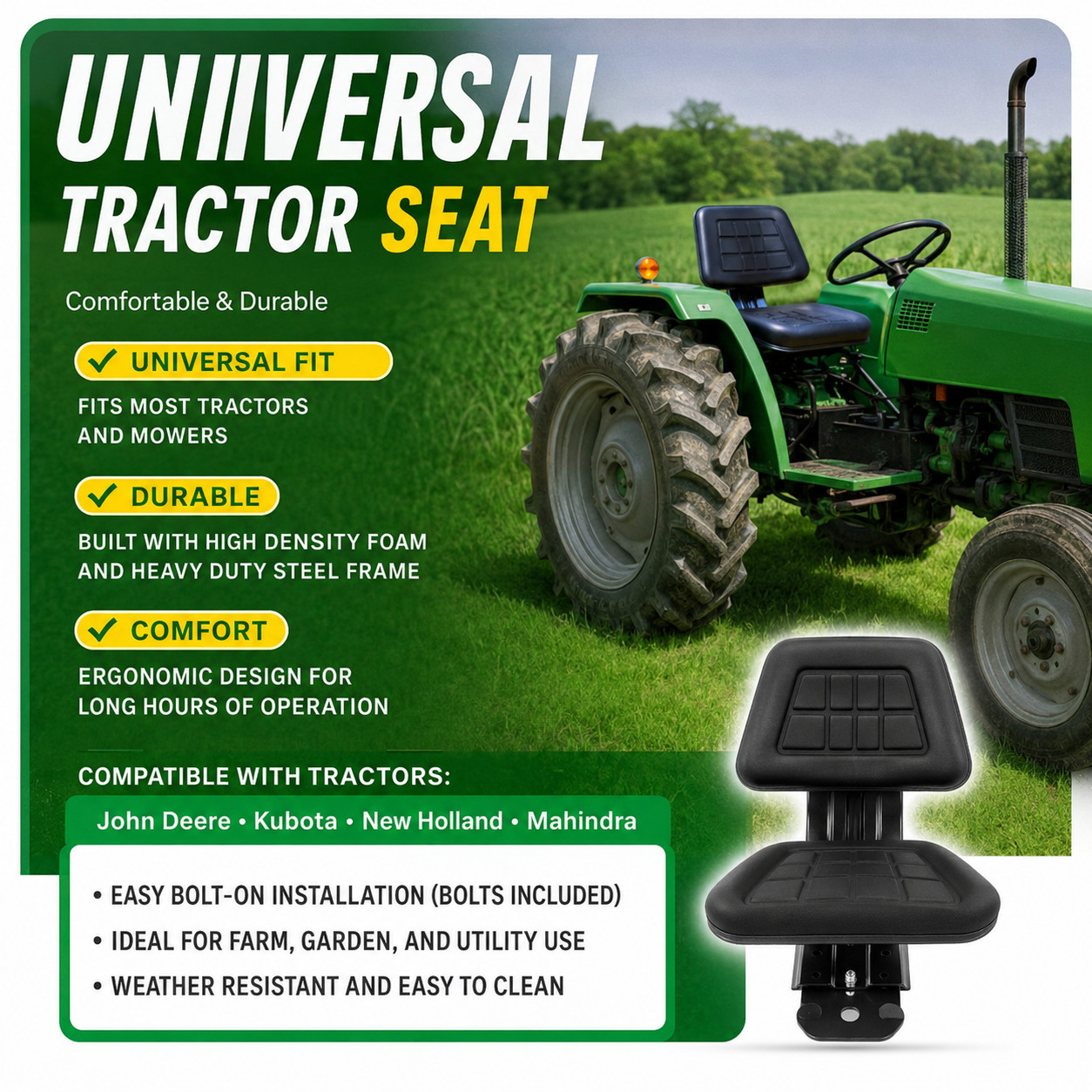 Black Universal Suspension Tractor Seat For John Deere Massey Ferguson Ford