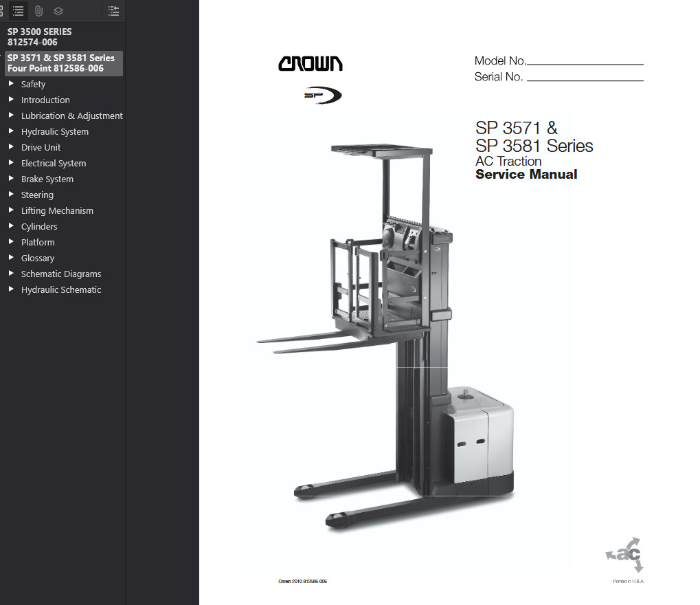 Crown SP3505-30, SP3510-30, SP3520-30 Forklift Repair Service Manual PDF USB