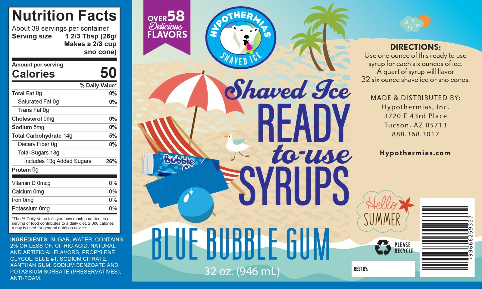 Hypothermias BLUE BUBBLE GUM Flavor Syrup 🍧 Snow Cone machine Shaved Ice QUART