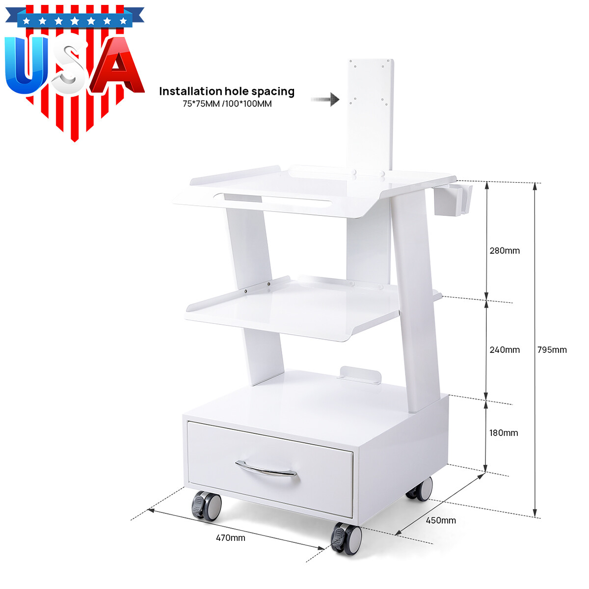 Medical Dental Lab Trolley Cart Intraoral Scanner Mobile Cart Clinic Laptop Rack