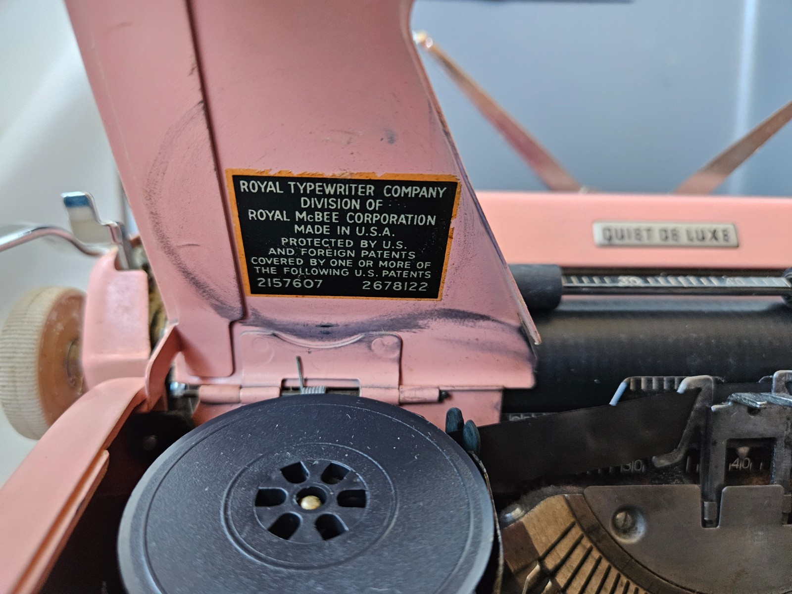 Authenic 1950s Bubble Gum Pink Royal Quiet DeLuxe Typewriter with Carrying Case
