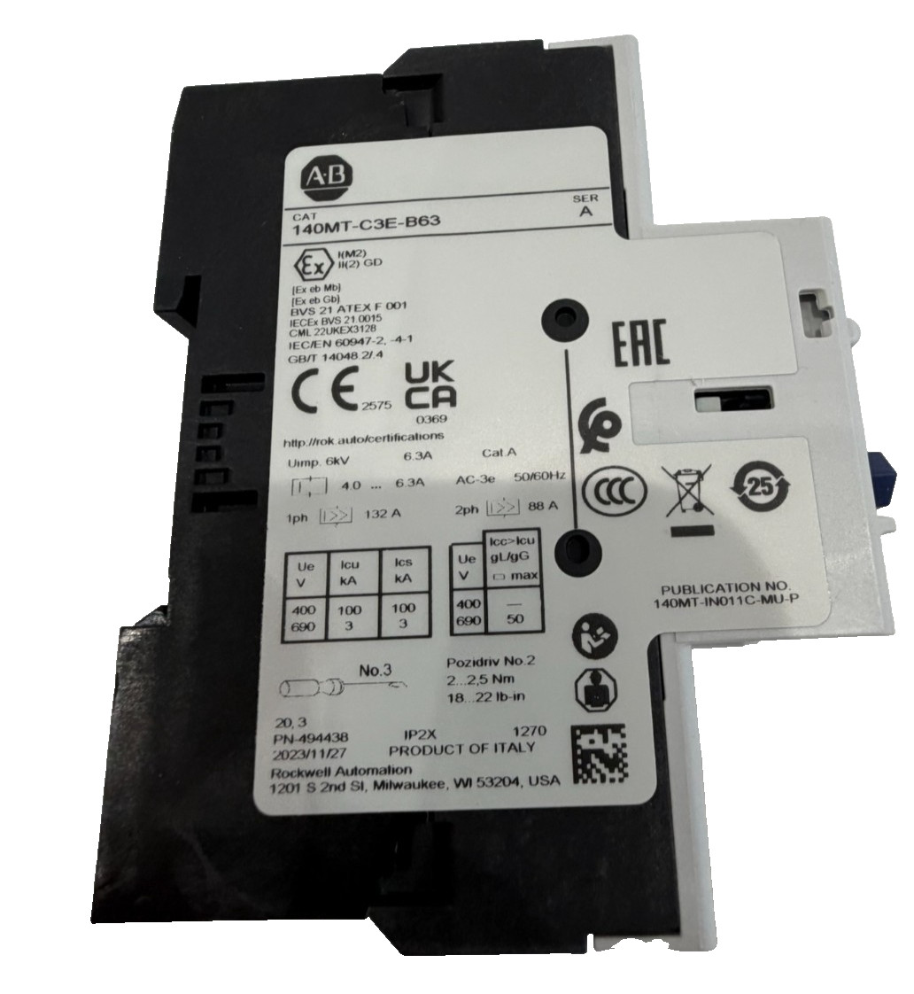 ALLEN BRADLEY 140MT-C3E-B63 CIRCUIT BREAKER SER. A 140MTC3EB63 NEW, SURPLUS