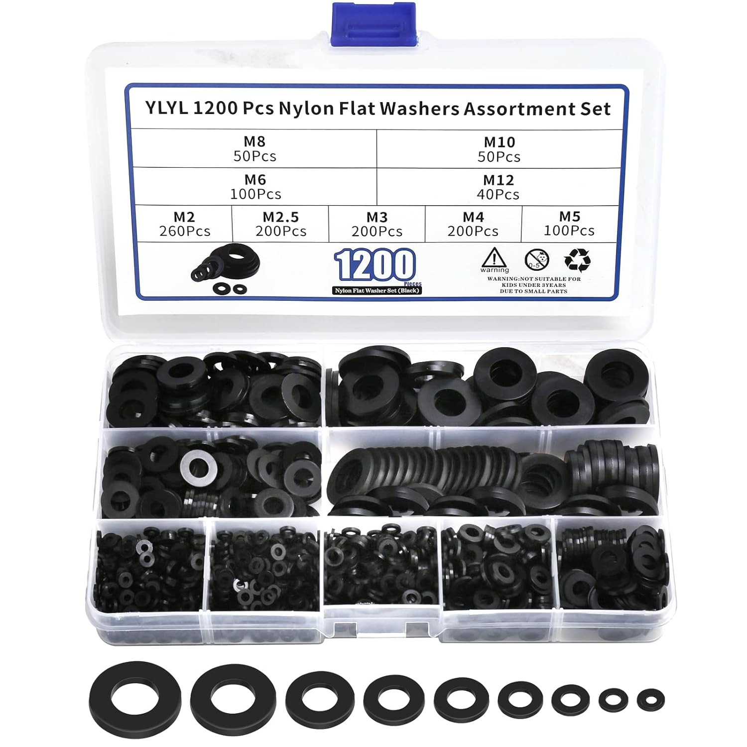 1200 Pcs Nylon Flat Washers for Screws Bolts Black Plastic Washers Premium Fen