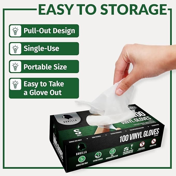 GORILLA SUPPLY Disposable Vinyl Gloves Latex & Powder Free 100 Pack S, M, L, XL