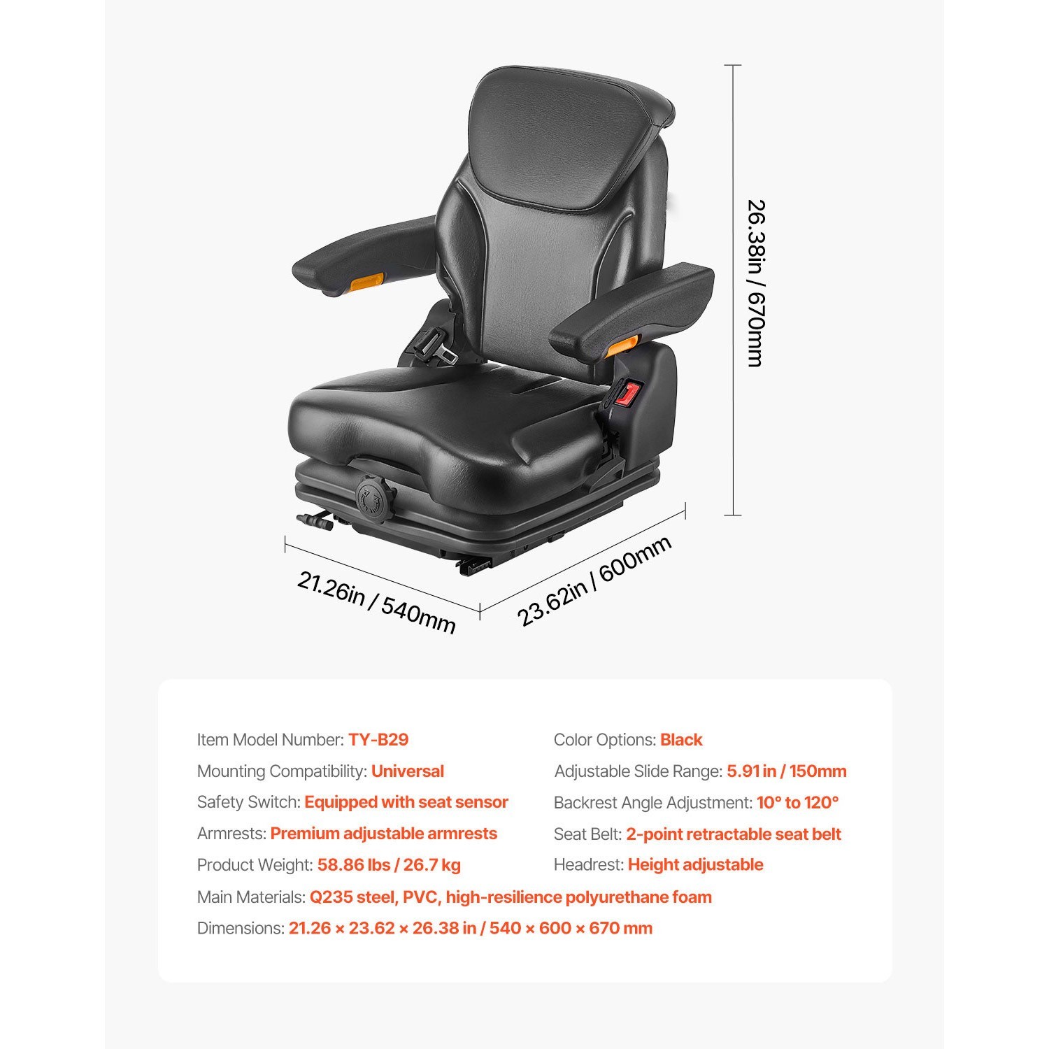 Forklift Seat Tractor Suspension Seat Fold Down Adjustable Back & Headrest