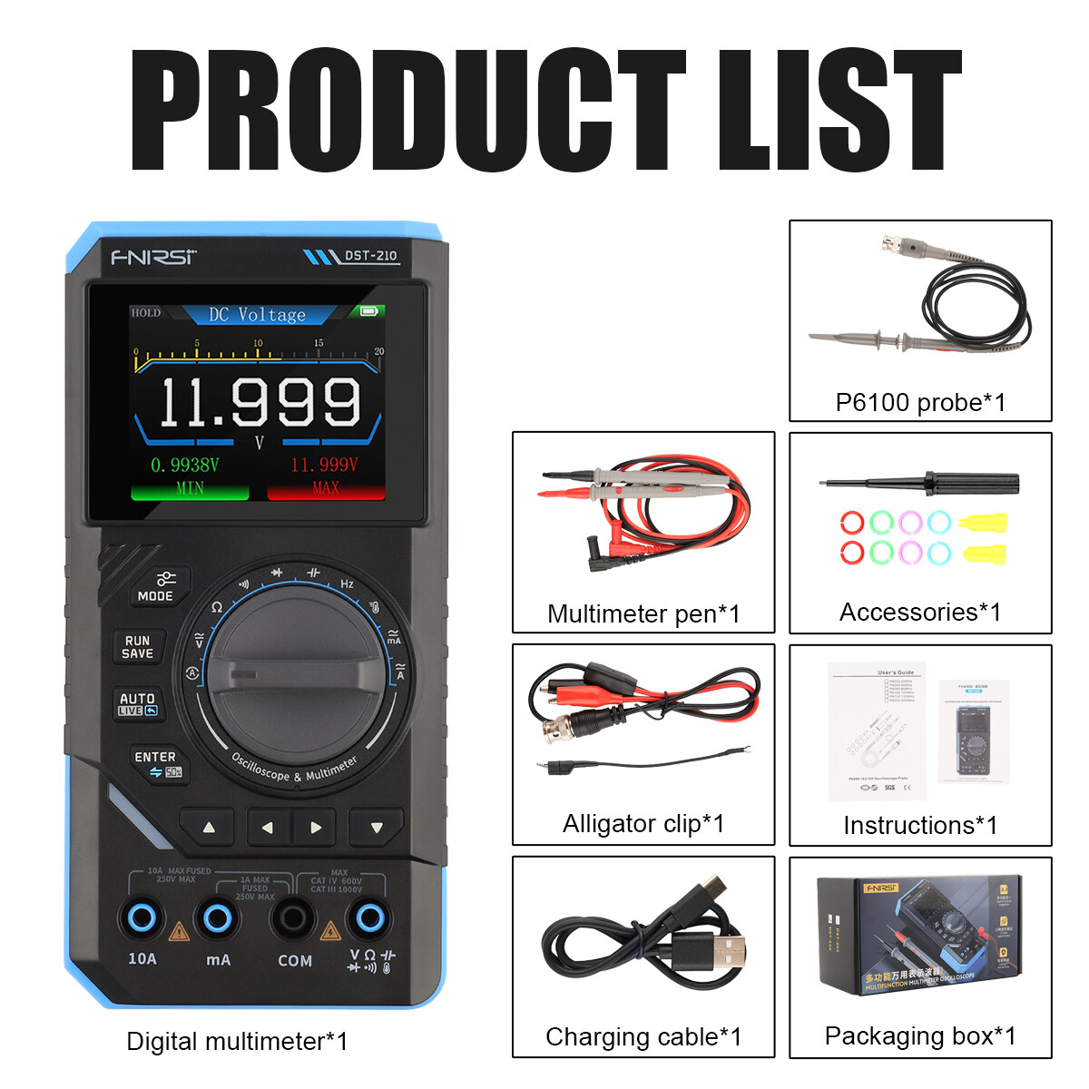 FNIRSI DST210 3-In-1 Handheld Digital Oscilloscope Multimeter Signal Generator`