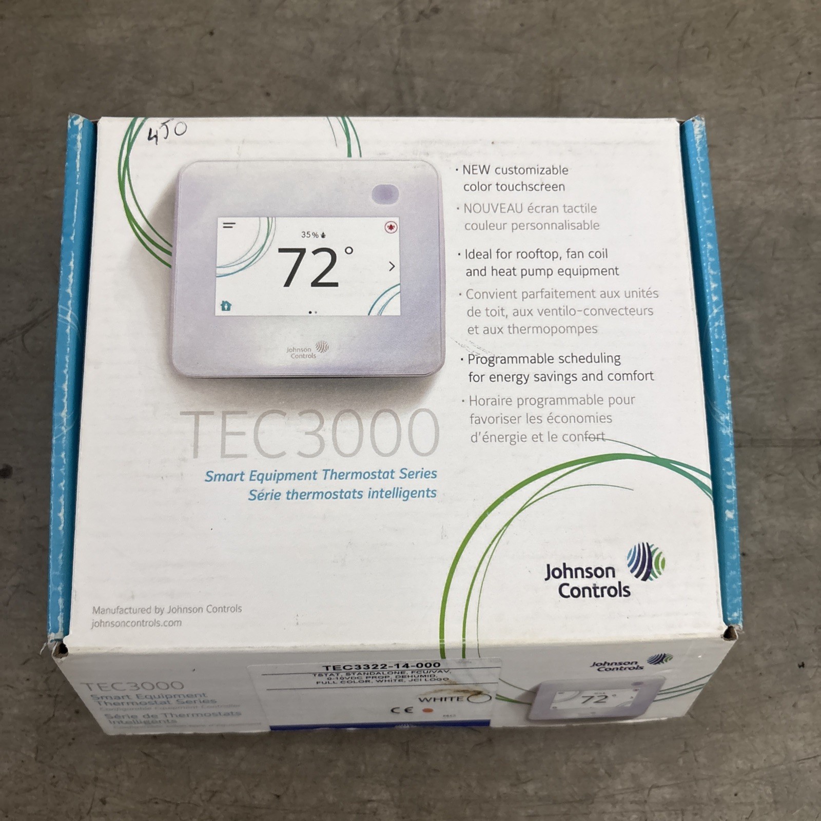 Thermostat Controller Johnson Controls HVAC Smart White TEC3000 TEC3622-14-000