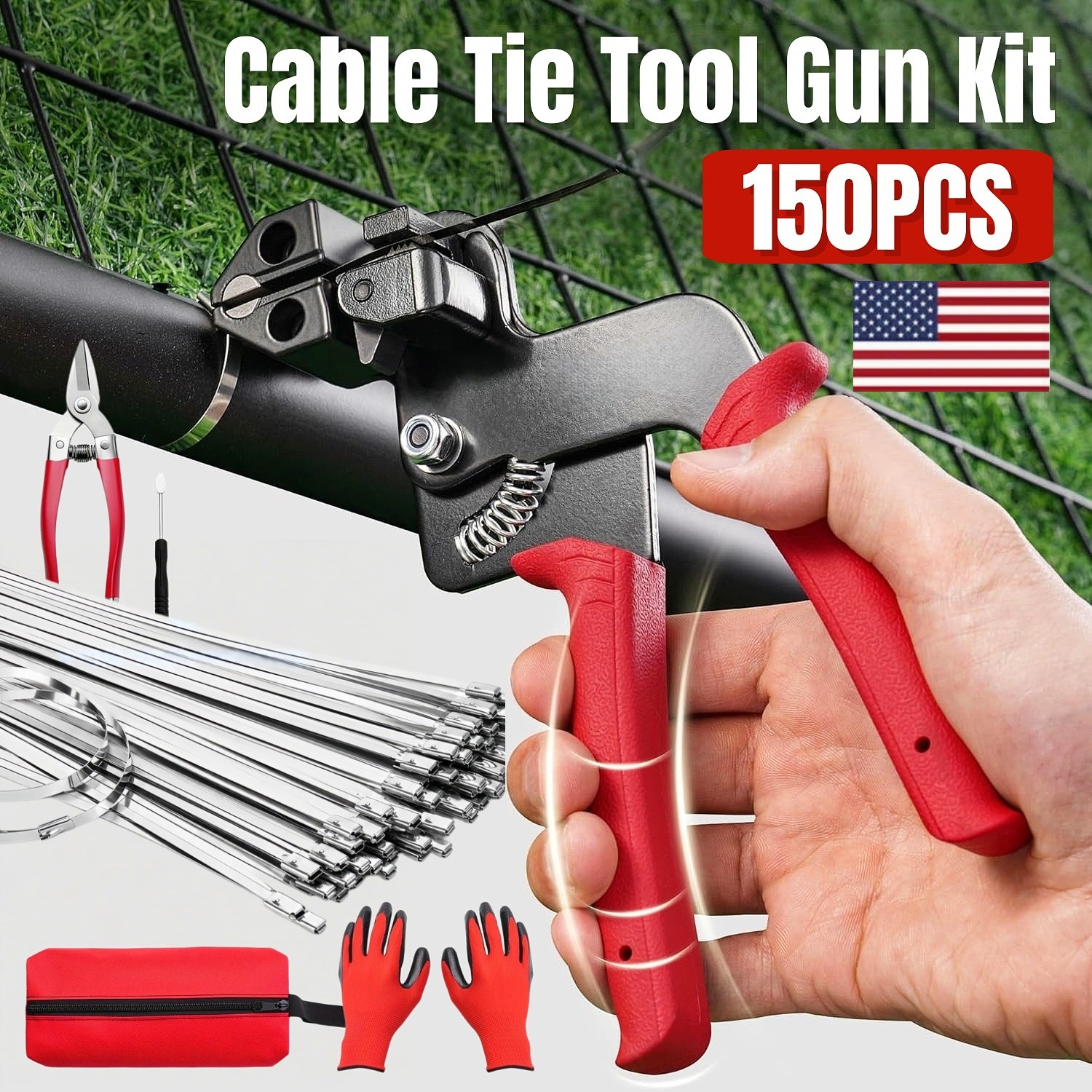 Cable Tie Tool Gun Kit Stainless Steel Zip Tie Cutter + 150PCS Metal Zip Ties