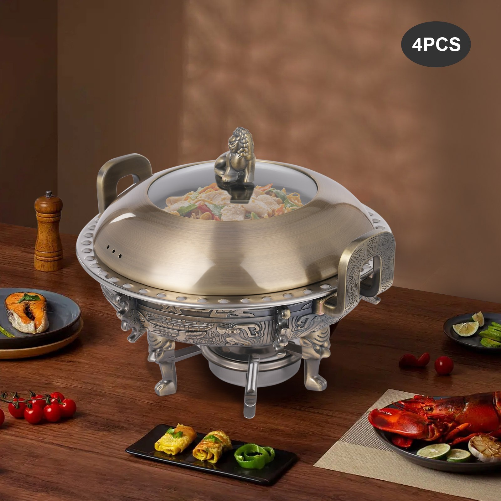 4 PCS Bronze Chinese Style Chafing Dishes Set with Alcohol Stoves Buffet