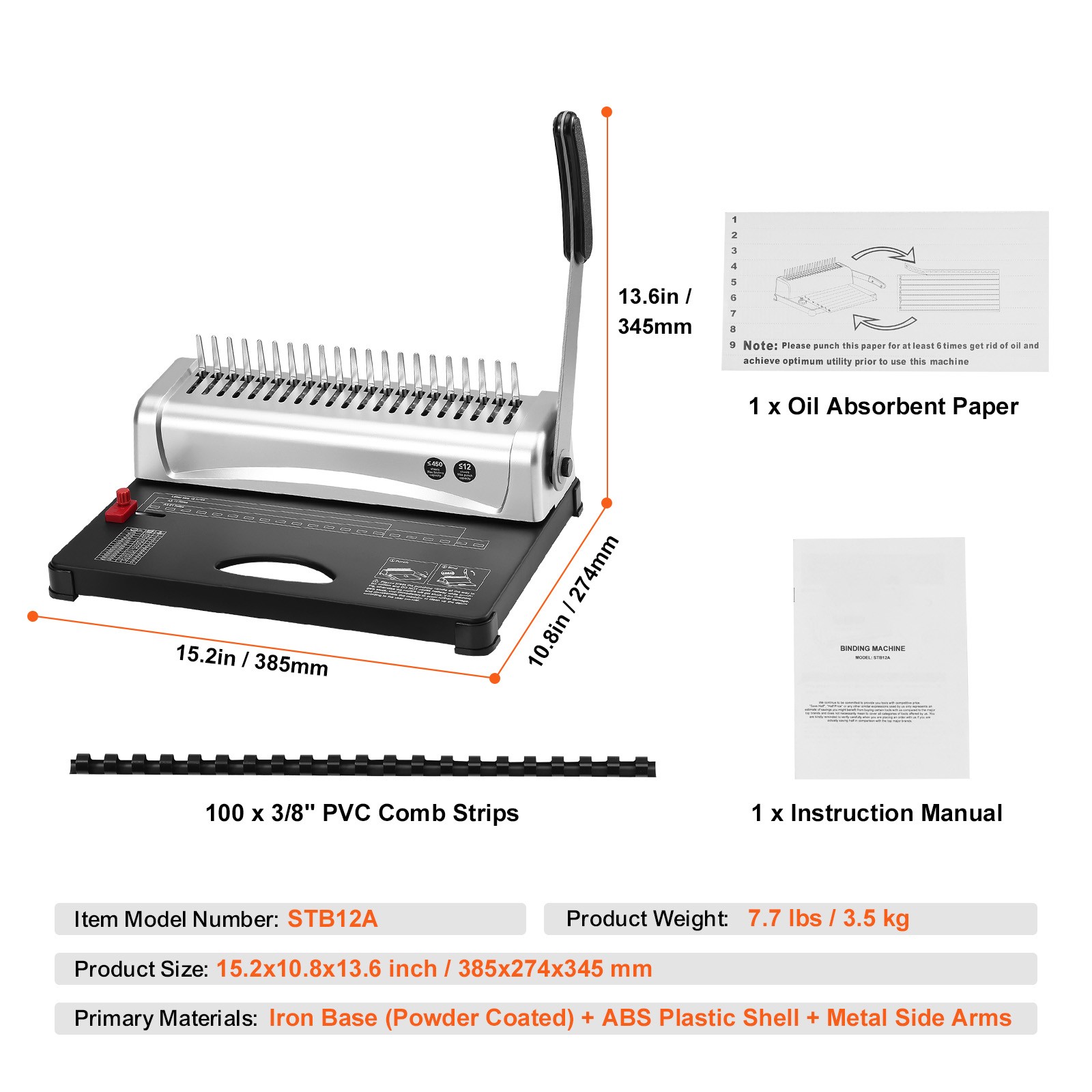 VEVOR Binding Machine Comb Binding Machine 21 Holes 100 PCS Binding Spines